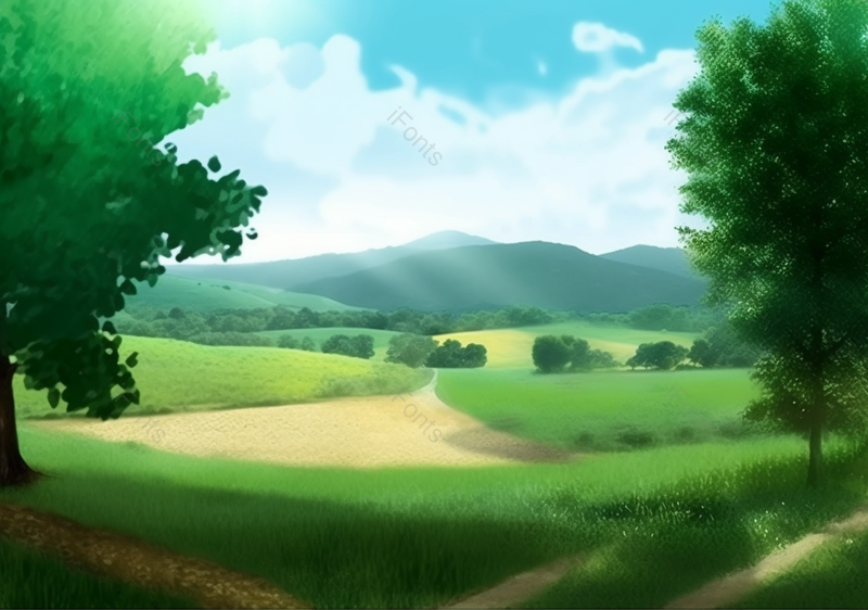 绿树农田蓝天白云手绘风景画,插画/手绘图,插画/手绘图库,插画/手绘图下载,插画/手绘